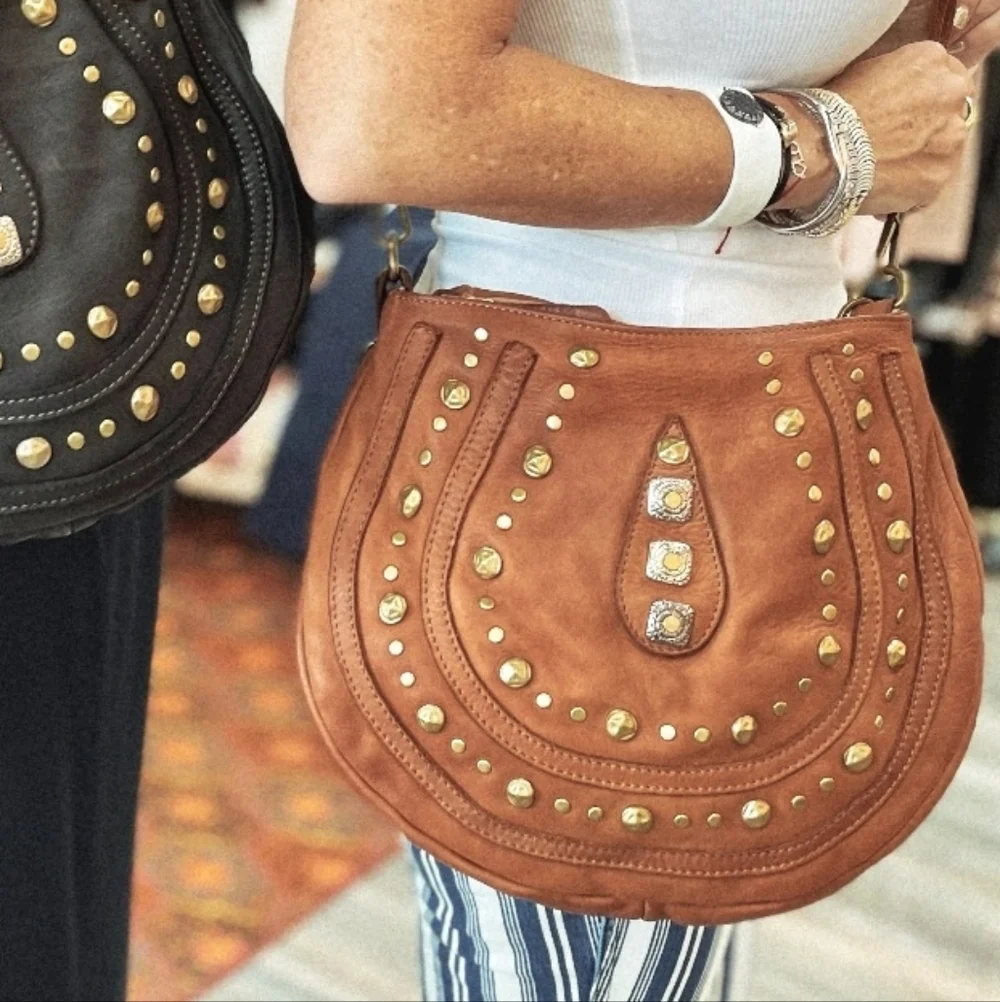 Bohemian Studded Detail Leather Horseshoe Shoulder Crossbody Bag - Picture 3 of 16